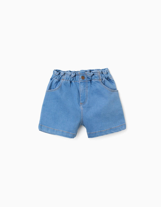 Denim shorts with paperbag waist and pockets for girls, light blue