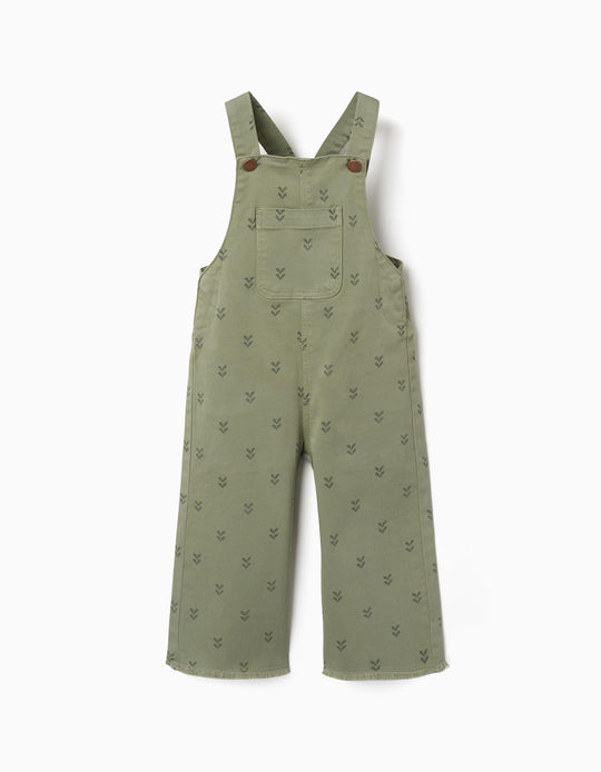 Twill dungarees with floral motif for baby girls, dark green