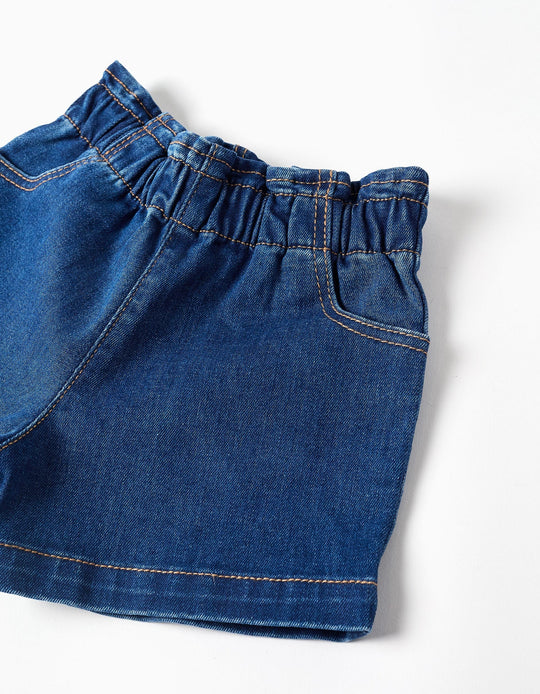 Denim shorts with paperbag waist and pockets for baby girls  blue