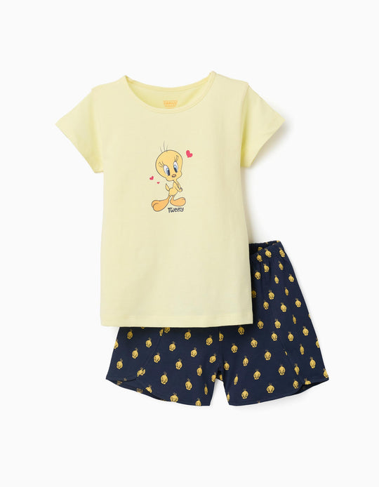 Short Sleeve Cotton Pyjamas With Tweety Prints For Girls, Yellow/Blue