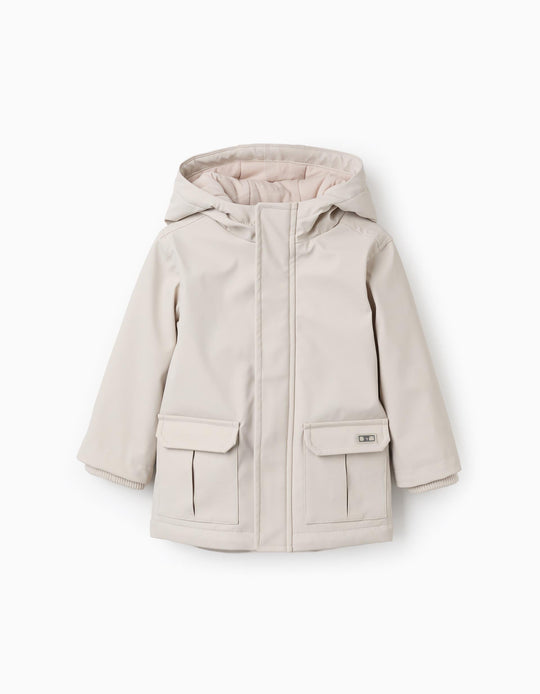Padded rubber parka with hood for baby boys, light beige