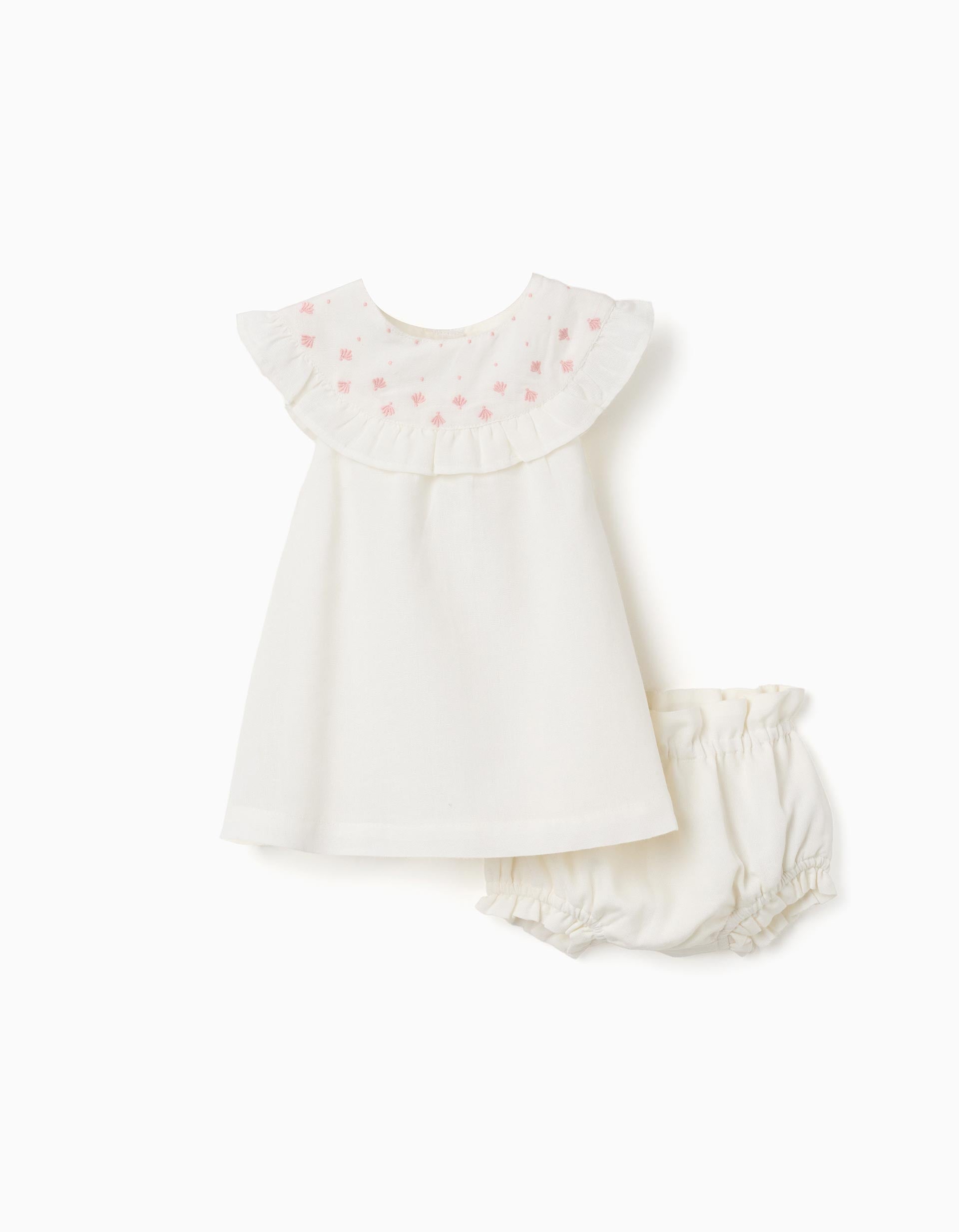 Cotton And Linen Dress With Embroidery For Newborn Girls White Pink