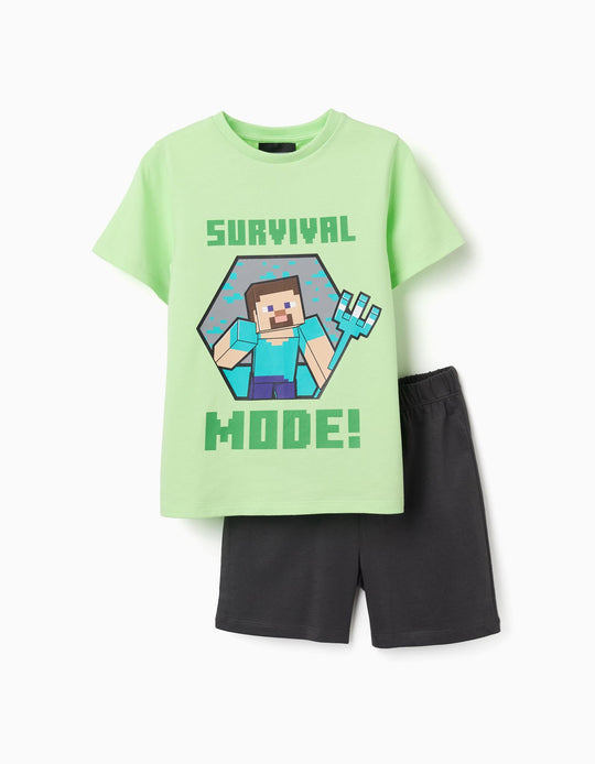 Short Sleeve Cotton Pyjamas With Minecraft Print For Boys Green Grey
