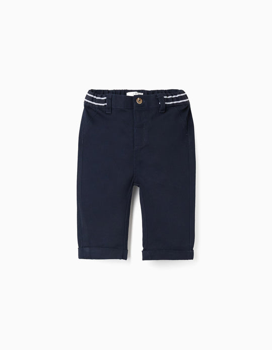 Twill Chino Trousers With Striped Tape For Newborn Boys, Dark Blue