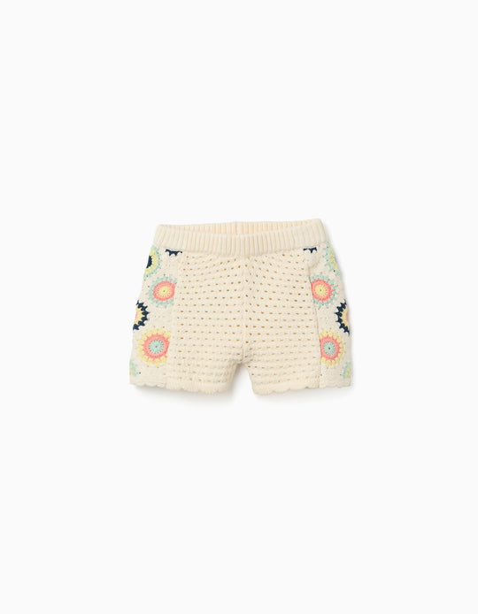 Cotton Knit Shorts With Crochet Flowers For Baby Girls Light Beige