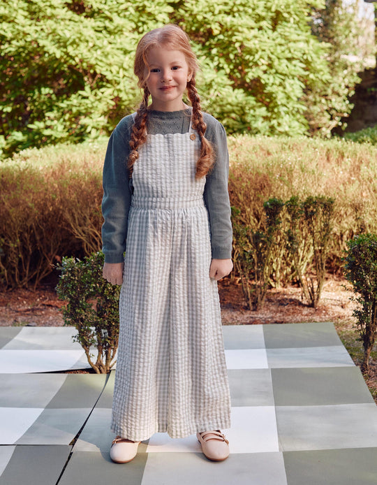 Cotton jumpsuit with Vichy pattern B&S for girls  white/light green