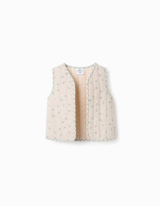 Padded cotton vest with floral motif B&S for baby girls, beige/green