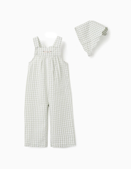 Cotton jumpsuit + bonnet with Vichy pattern B&S for baby girls, white/green