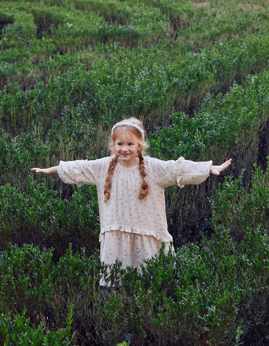 Cotton bambula dress with floral motif B&S for girls, beige/green