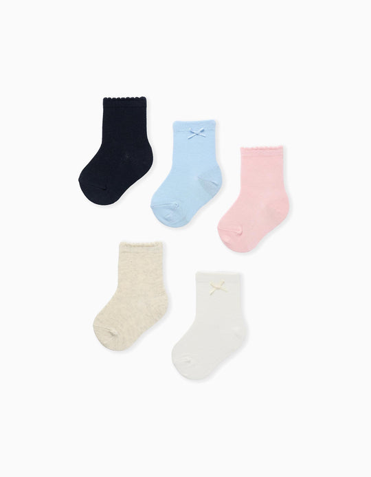 Pack of 5 pairs of plain socks for baby girls, pink/white/beige/blue