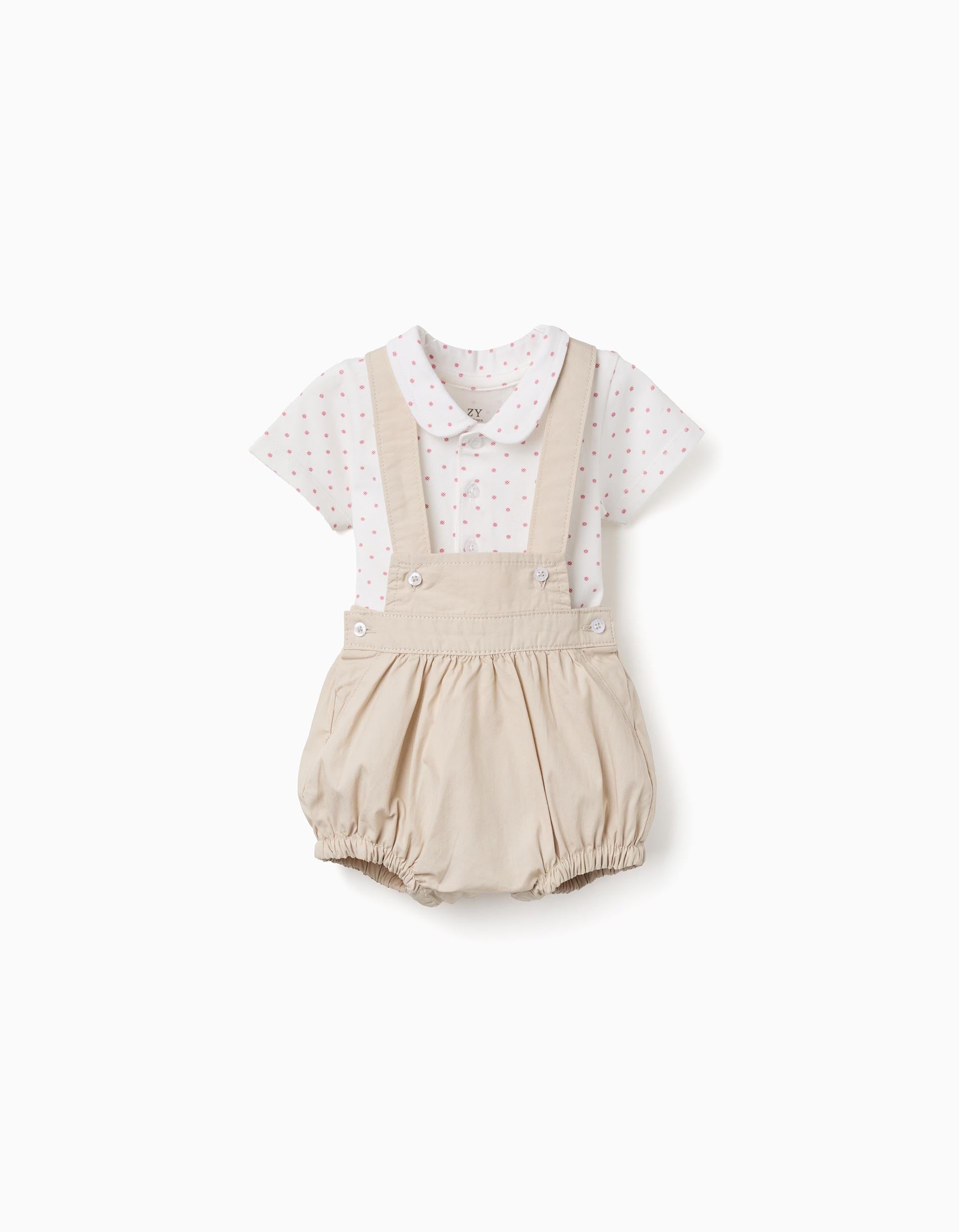 Cotton Bodysuit And Jumpsuit Set For Newborn Boys White Beige
