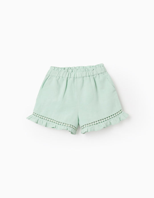 Shorts In Cotton And Linen With Ruffled Hem For Baby Girls Light Green
