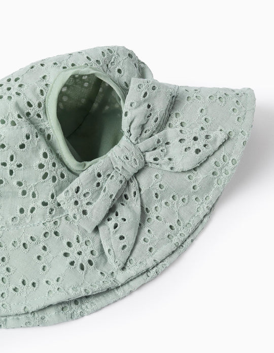 Cotton hat with broderie anglaise for babies and girls  light green