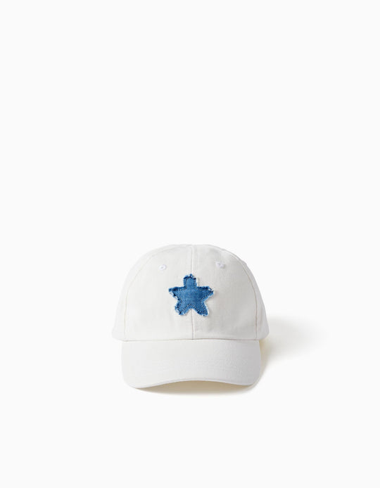 Cotton Cap With Denim Star For Girls White Blue