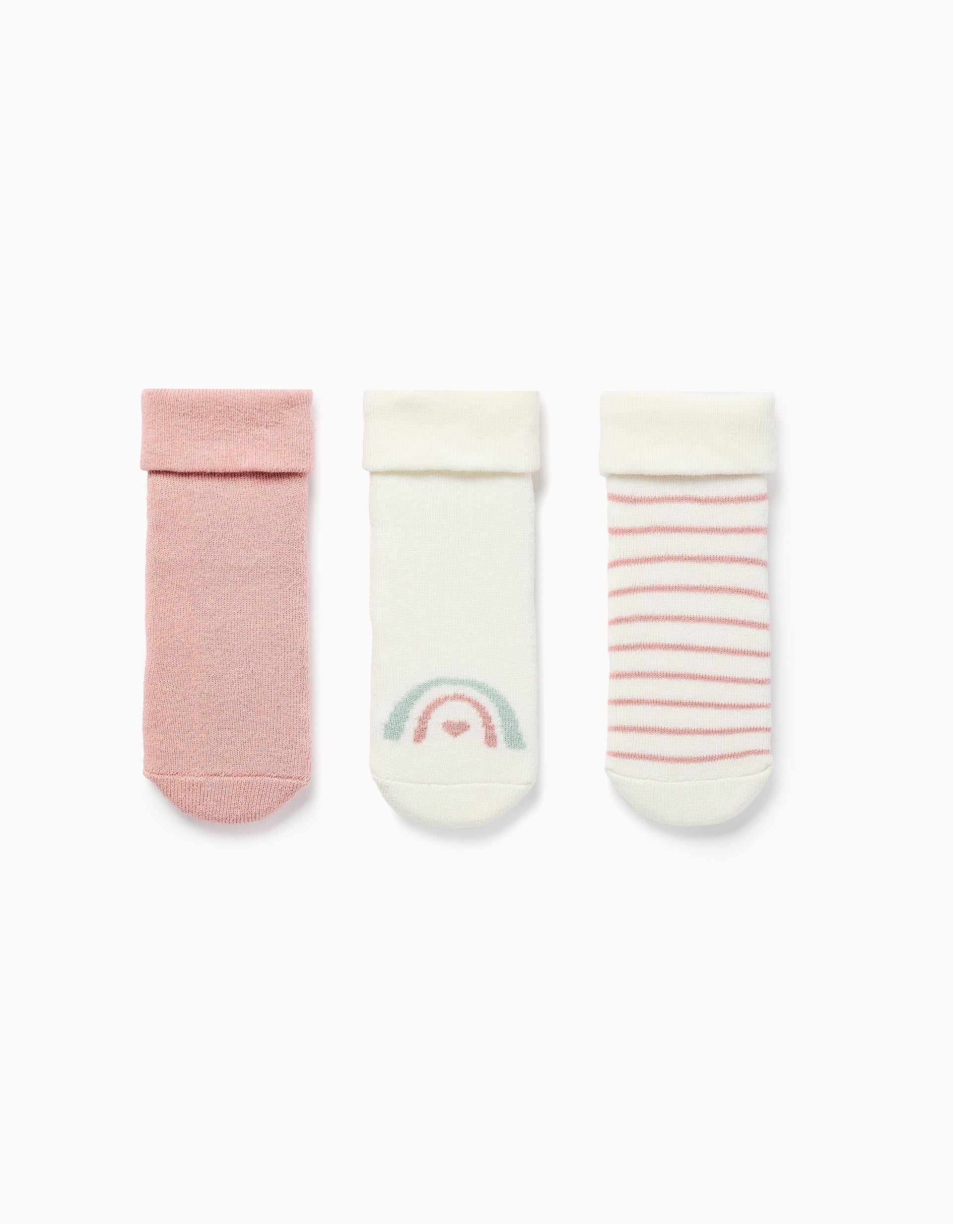 3 pairs socks with terry lining for newborn and baby girls, white/pink