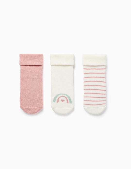 3 pairs socks with terry lining for newborn and baby girls, white/pink