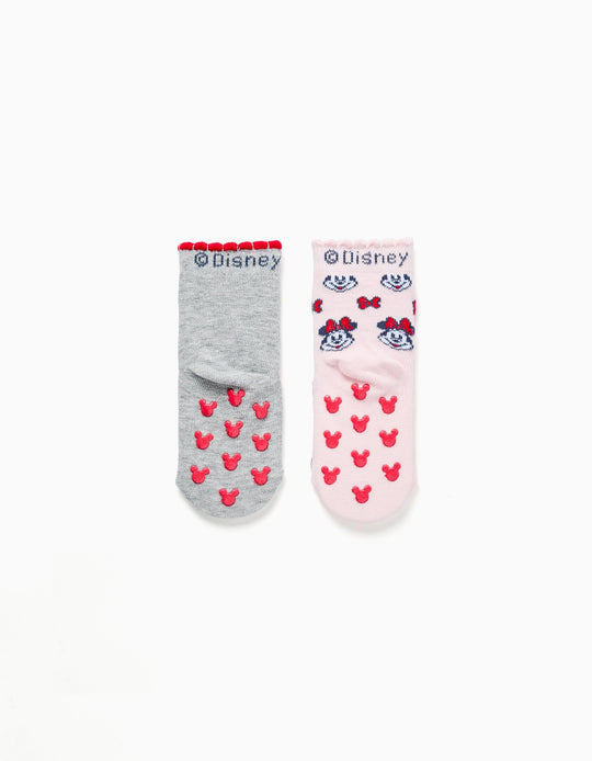 2 non-slip socks with Minnie print for newborn and baby girls, grey/pink