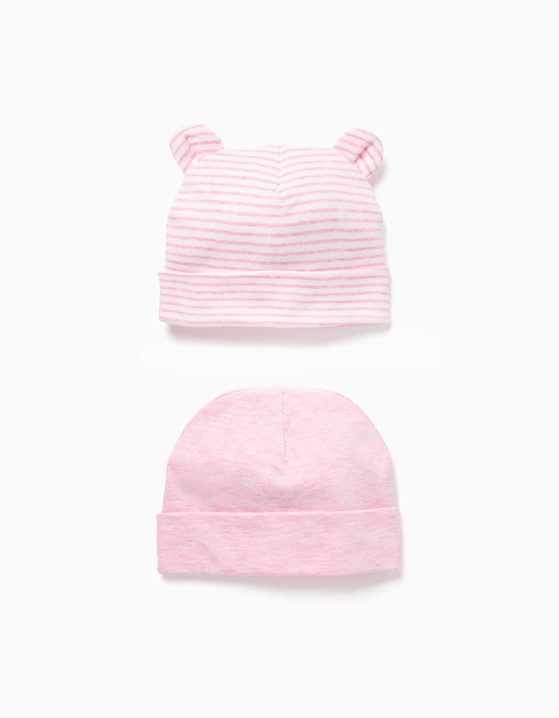 Set of 2 cotton plain/striped beanies for newborn girls, pink/white