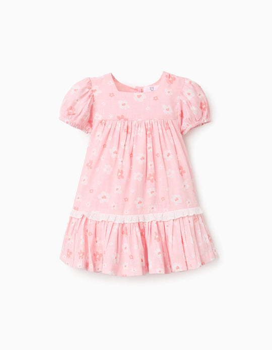 Cotton DreWith Floral Motif And Balloon Sleeves For Baby Girls Pink