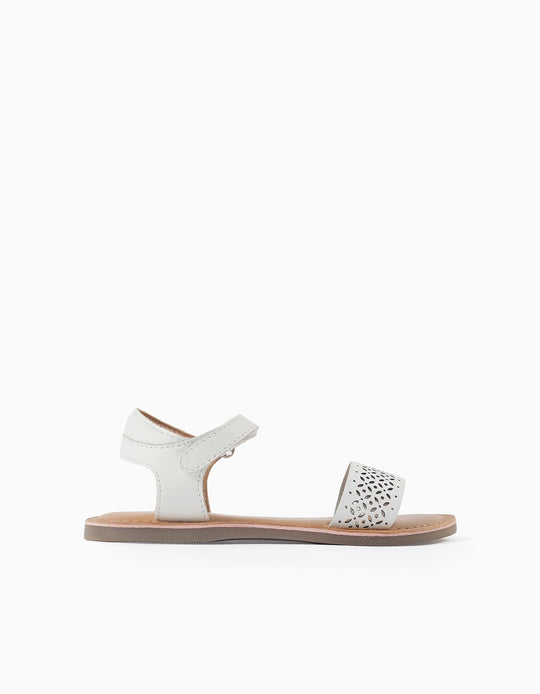 Leather Sandals With Mosaic Laser Cut Strap For Girls White
