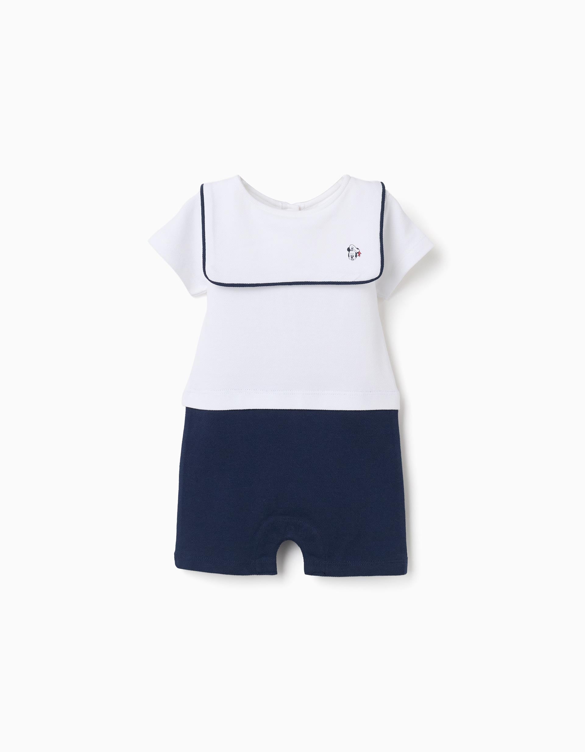 Cotton Piqué Romper With Mickey For Newborn Boys White Dark Blue