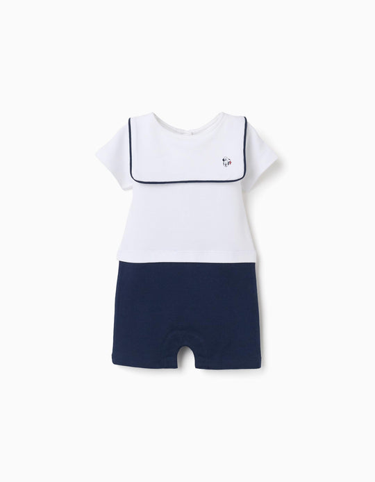 Cotton Piqué Romper With Mickey For Newborn Boys White Dark Blue
