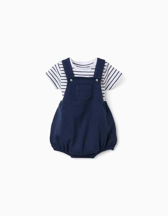 Striped Bodysuit + Piqué Romper Set For Newborns White Dark Blue