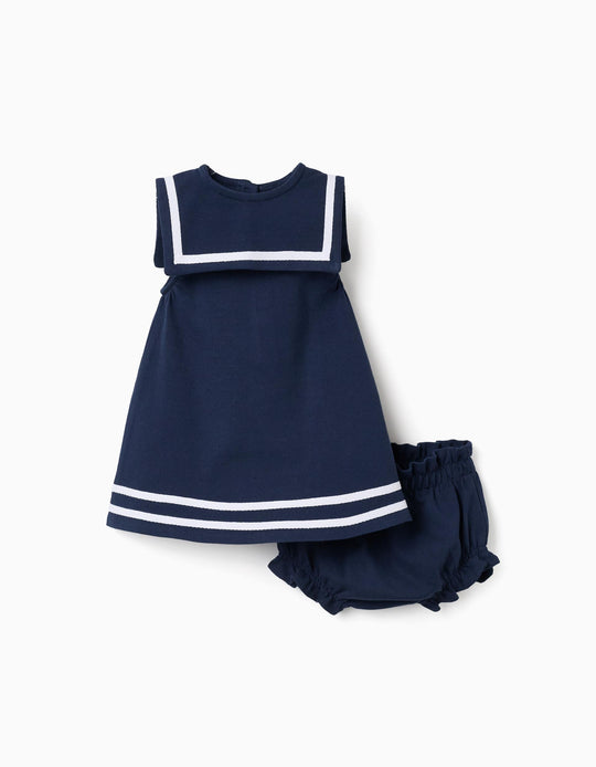 Cotton Piqué DreAnd Bloomers For Newborn Girls Dark Blue