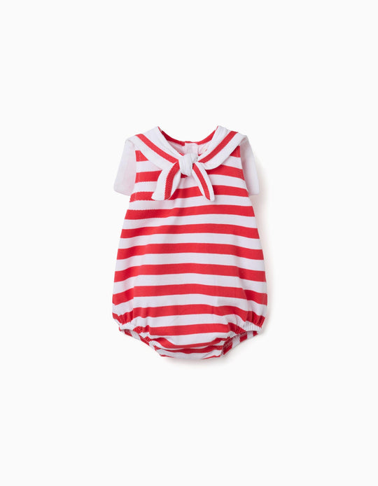 Knitted Romper With Stripes And Sailor Collar For Newborns Red White