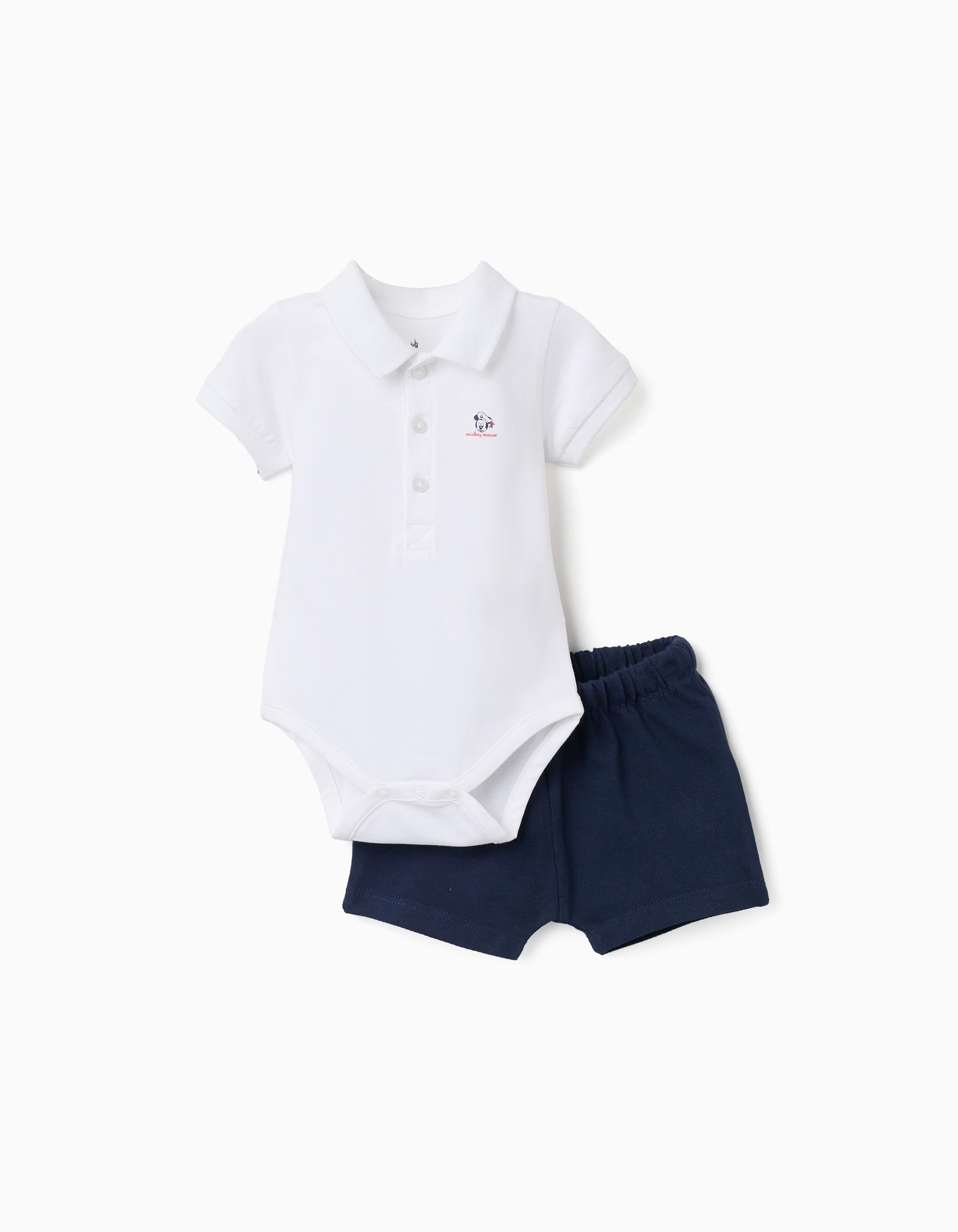 Polo Bodysuit With Mickey Print + Shorts For Newborn Boys White Blue