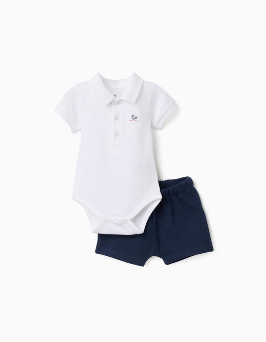 Polo Bodysuit With Mickey Print + Shorts For Newborn Boys White Blue