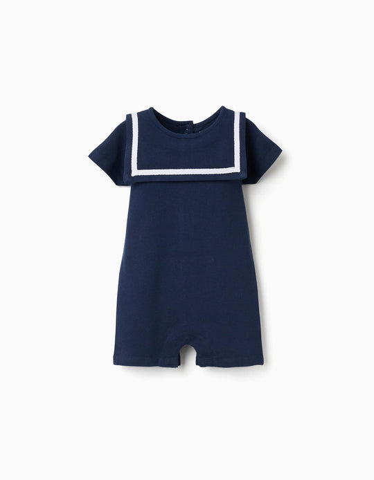 Cotton Piqué Romper With Sailor Collar For Newborn Boys Dark Blue