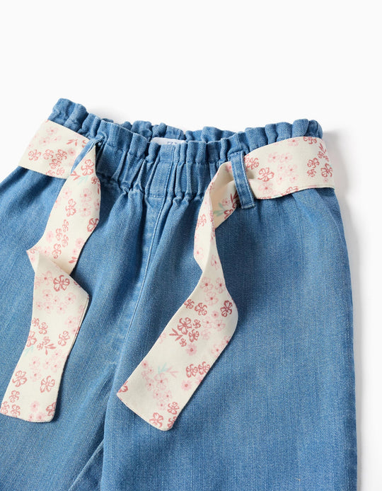 Denim paperbag trousers with floral belt for baby girls  blue