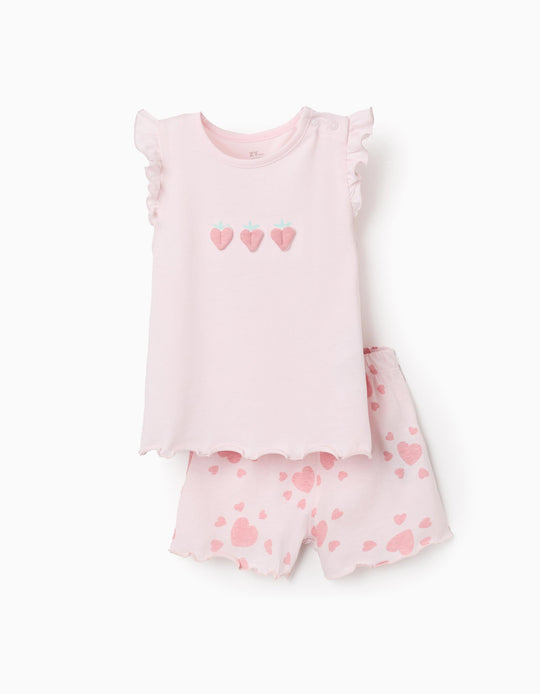 Cotton Pyjamas With Heart Prints And Ruffles For Baby Girls Light Pink