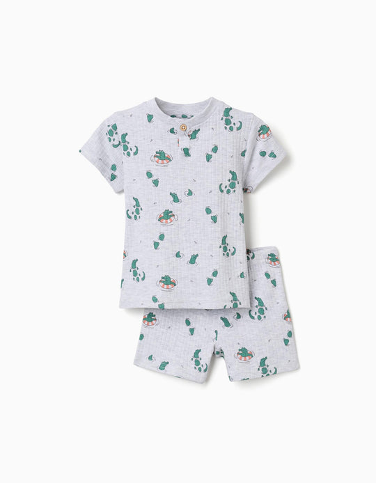 Ribbed Cotton Pyjamas With Alligator Motif For Baby Boys Light Grey