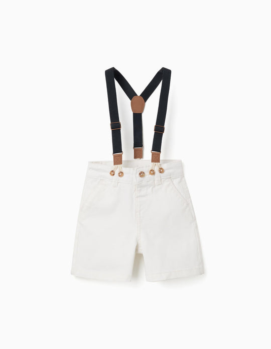 Midi Twill Shorts With Removable Braces For Baby Boys White