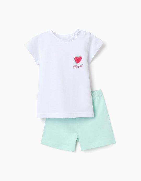 Short Sleeve Cotton Pyjamas With Heart Print For Baby Girls White Green