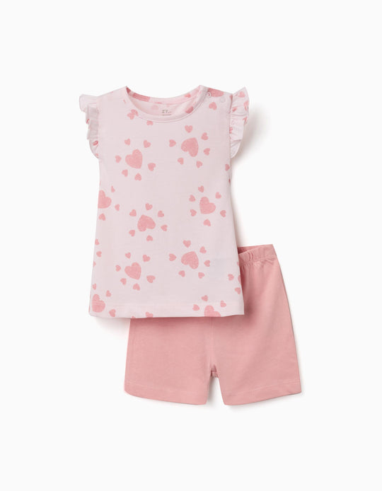 Cotton Pyjamas With Heart Motif And Ruffles For Baby Girls Pink