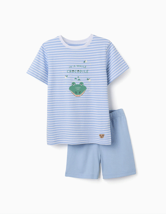 Cotton Pyjamas With Crocodile Glow In The Dark Print For Boys White Blue