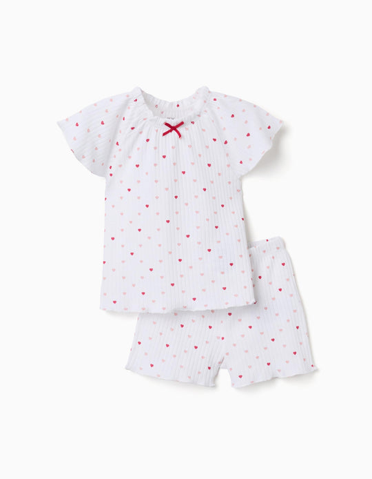 Ribbed Cotton Pyjamas With Heart Motif For Baby Girls White Pink