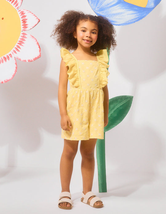Cotton Playsuit With Embroidery And Ruffles B&S For Girls Yellow