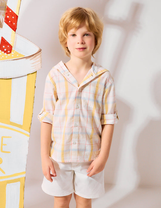 Checked Cotton Shirt With Hood B&S For Boys White Yellow Blue Red