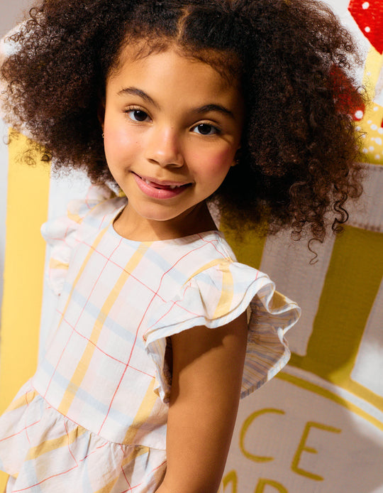 Checked Cotton Blouse With Ruffles B&S For Girls White Yellow Blue Red
