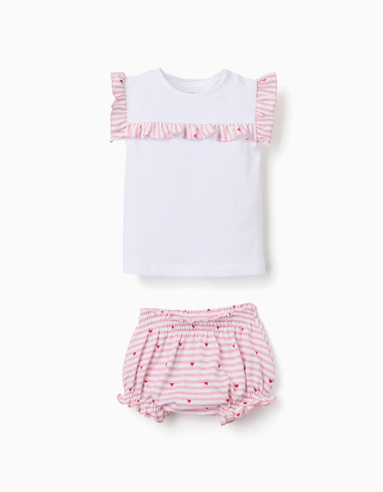 Cotton Pyjamas With Stripes And Hearts For Baby Girls White Pink