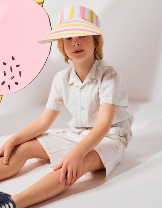 Short Sleeve Cotton Shirt With Stripes B&S For Boys White Yellow Blue