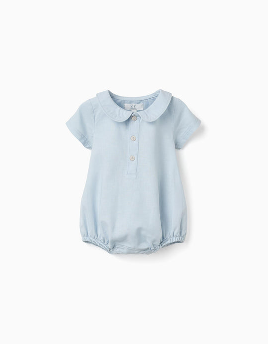 Short Sleeve Romper In Cotton And Linen For Newborn Boys, Light Blue