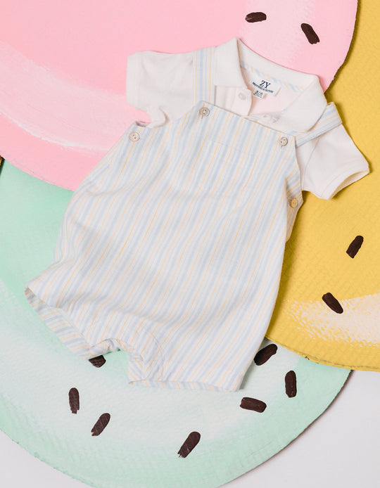 Cotton Bodysuit + Striped Dungarees B&S For Newborn Boys White Yellow Blue