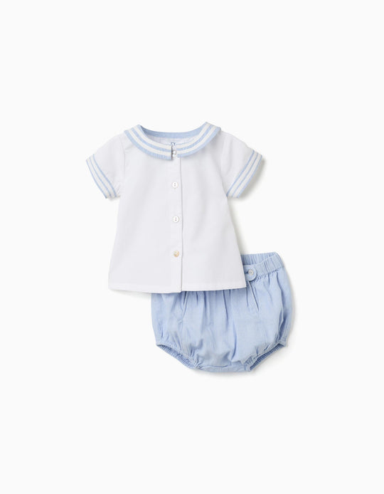 Cotton Short Sleeve Shirt + Shorts For Newborn Boys Light Blue White