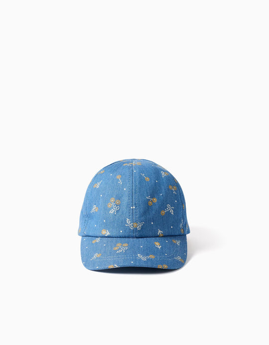 Denim Cap With Floral Motif For Babies And Girls Blue