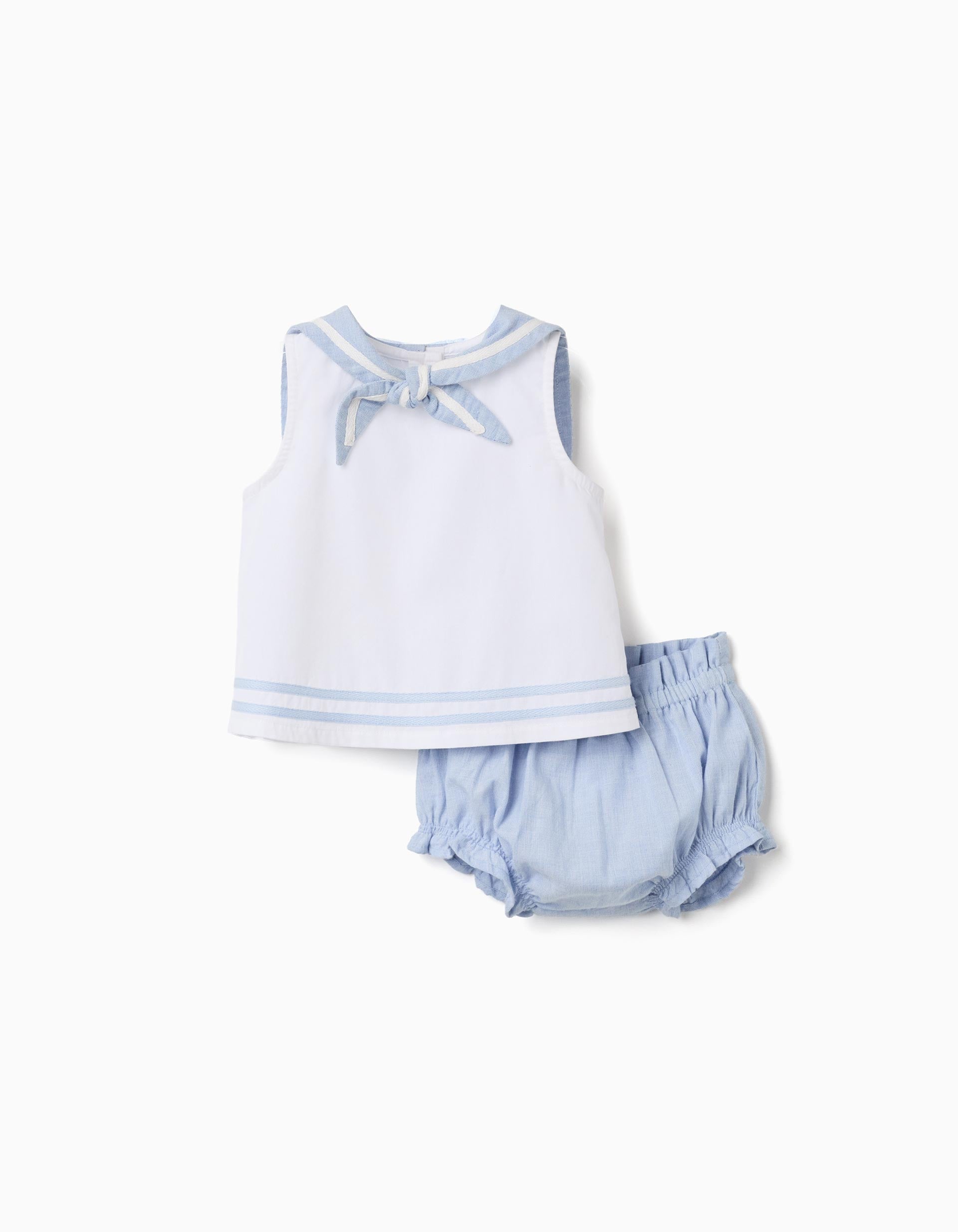 Cotton Sleeveless Blouse + Bloomers For Newborn Girls Light Blue White